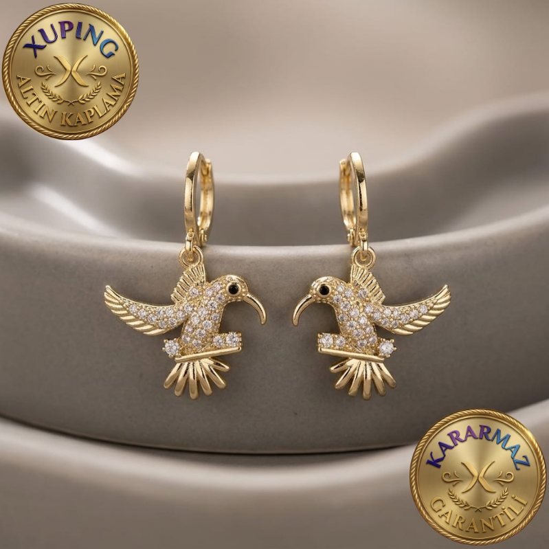 Zirkon Taşlı Altın Kaplama Gold Kuş Figürlü Sallantılı Küpe