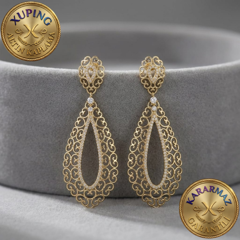 Zirkon Taşlı Altın Kaplama Gold Telkari Desenli Uzun Damla Küpe