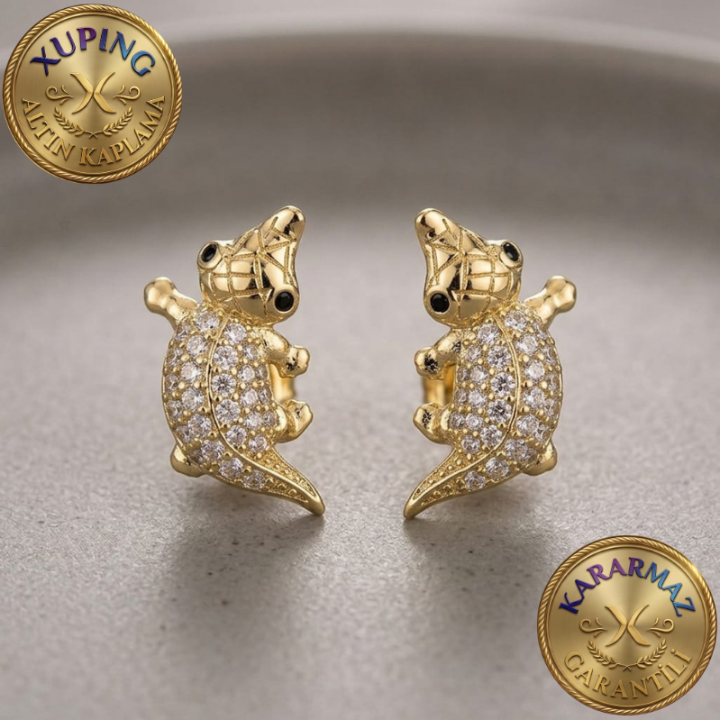 Zirkon Taşlı Altın Kaplama Gold Timsah Figürlü Küpe