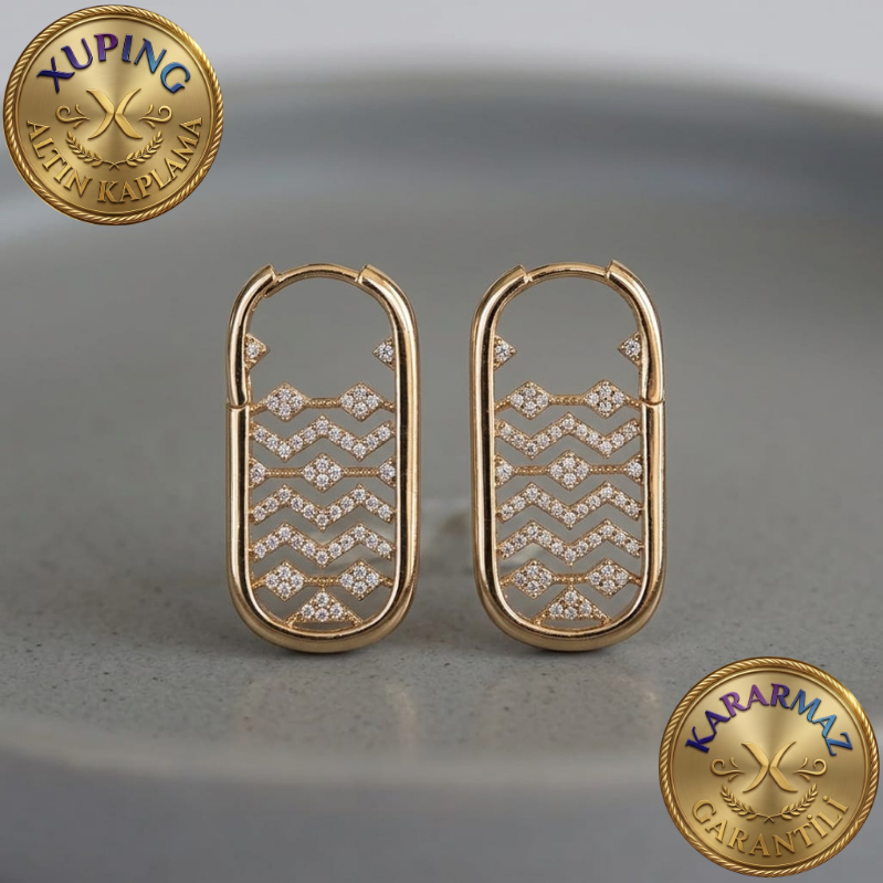 Zirkon Taşlı Altın Kaplama Gold Zikzak Desenli Oval Halka Küpe