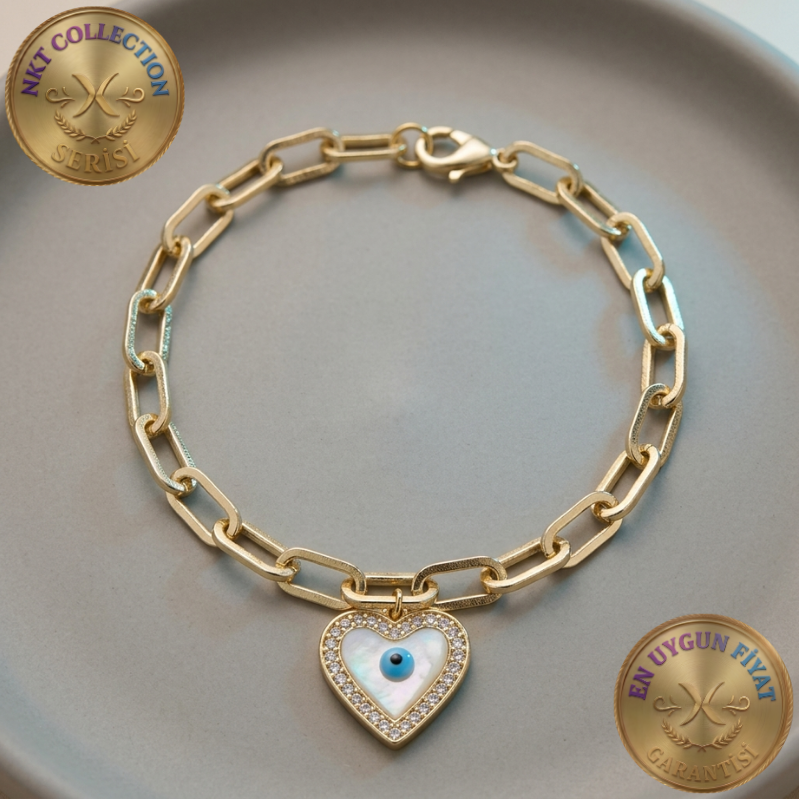 Zirkon Taşlı Sedefli Nazarlı Kalp Ataç Zincir Bileklik