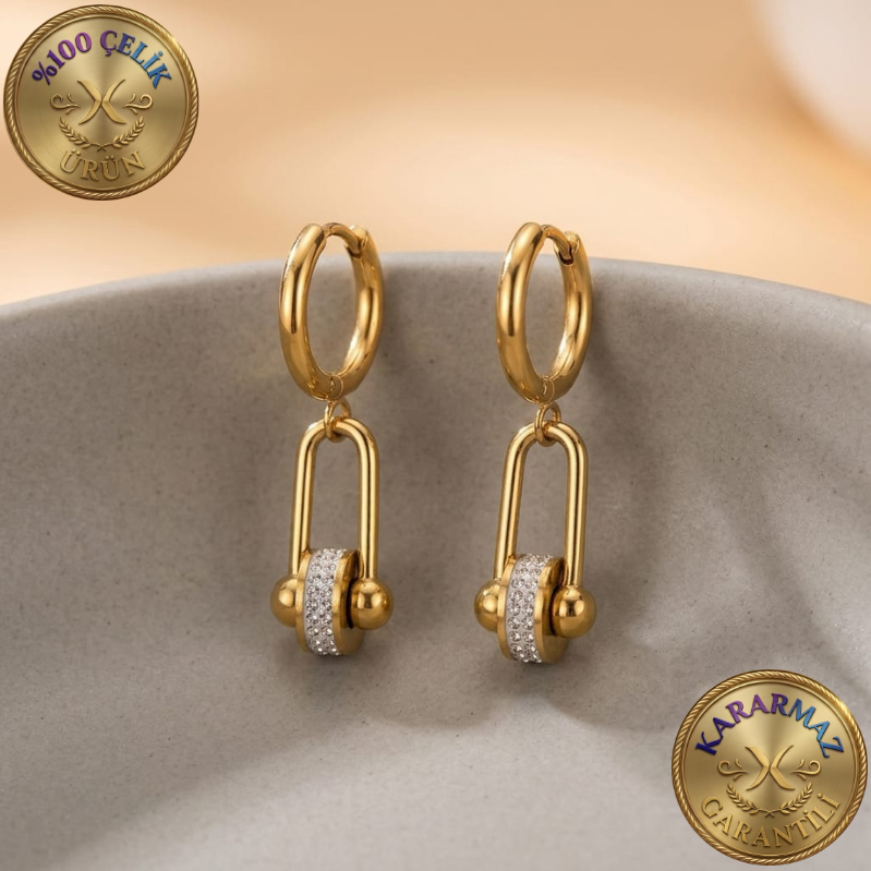 Zirkon Taşlı Silindir Detaylı U Zincir Gold Kararmaz Çelik Küpe