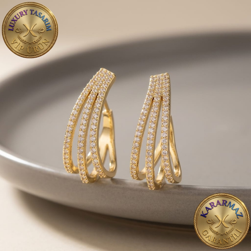 Zirkon Taşlı Üç Bantlı Halka Model Luxury Kararmaz Küpe