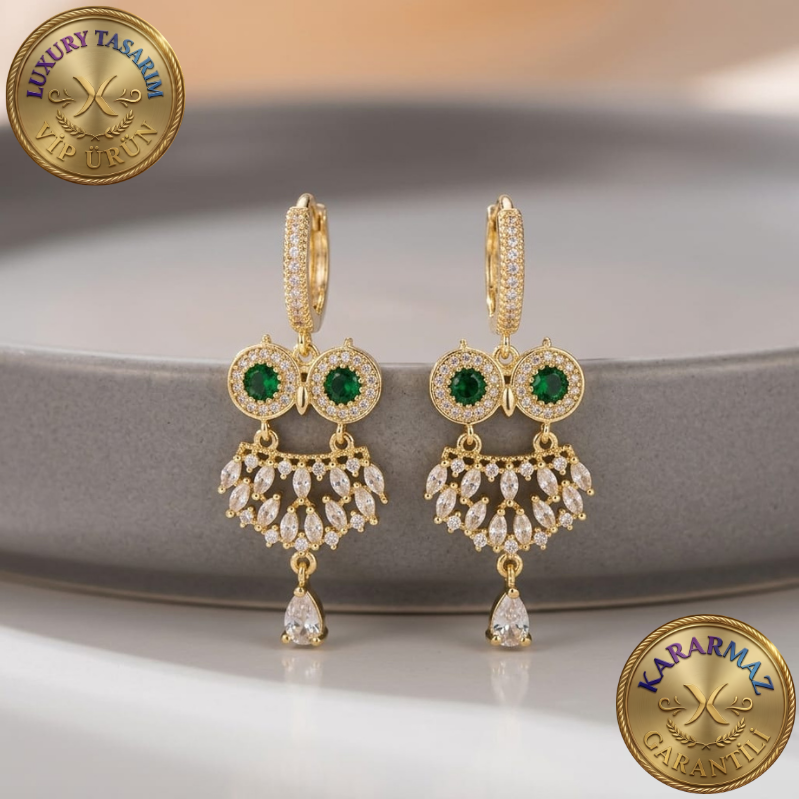 Zirkon Taşlı Yeşil Gözlü Baykuş Motifli Luxury Kararmaz Küpe