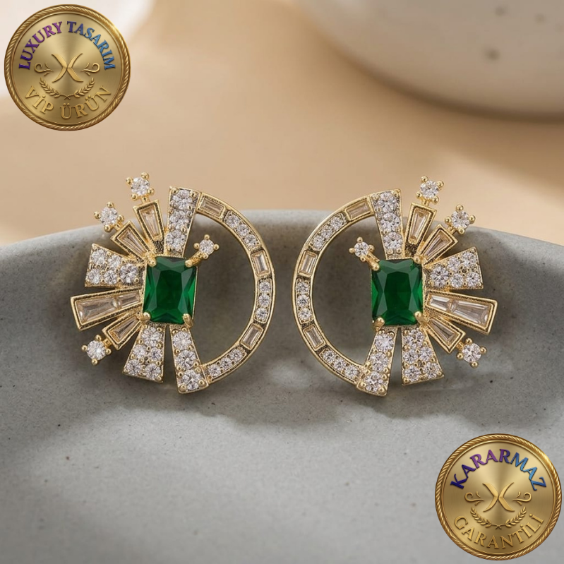 Zümrüt Taşlı Art Deco Tasarım Luxury Kararmaz Küpe